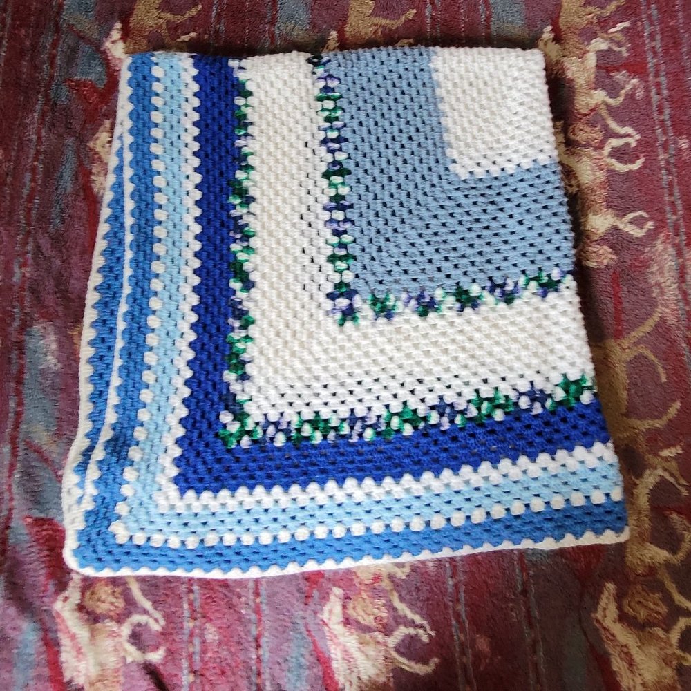 Vintage Handmade Afghan in Blues & White 64"x64" Cottagecore